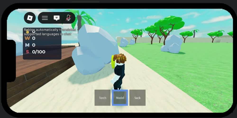 The game running on a phone in Roblox Studio