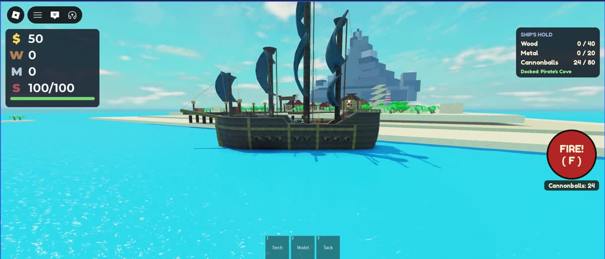 A pirate ship docked at an island in Roblox Studio