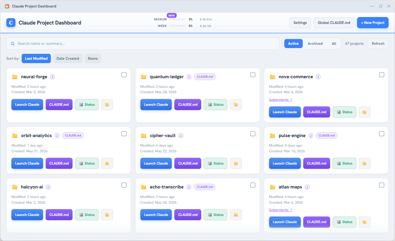 Claude Project Dashboard interface